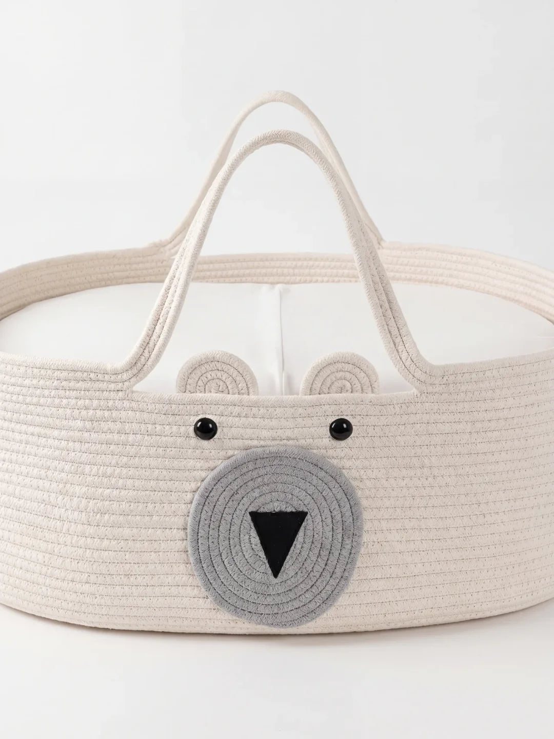 Panier à langer ourson écru en corde de coton avec museau gris et doubles anses