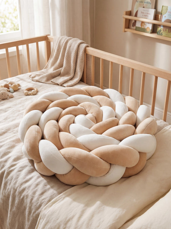 Tresse 3 brins bicolore, Blanche & Beige, en velours, pour la chambre de bébé