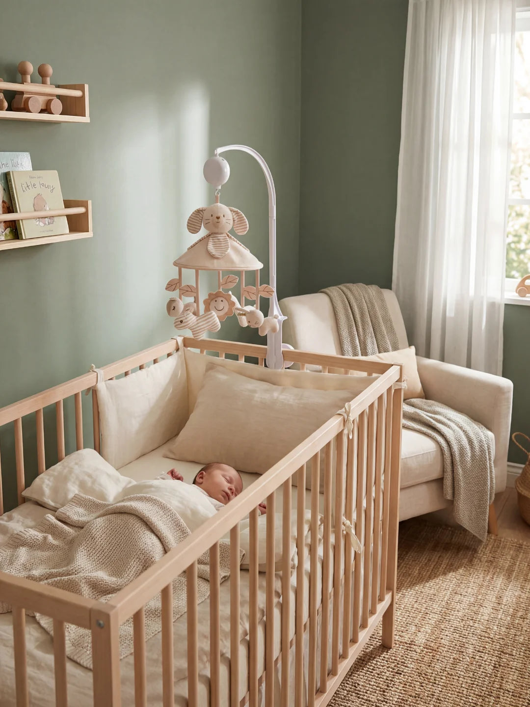 Chambre de bébé mixte avec berceau en bois, fauteuil blanc et mobile musical lapin suspendu.