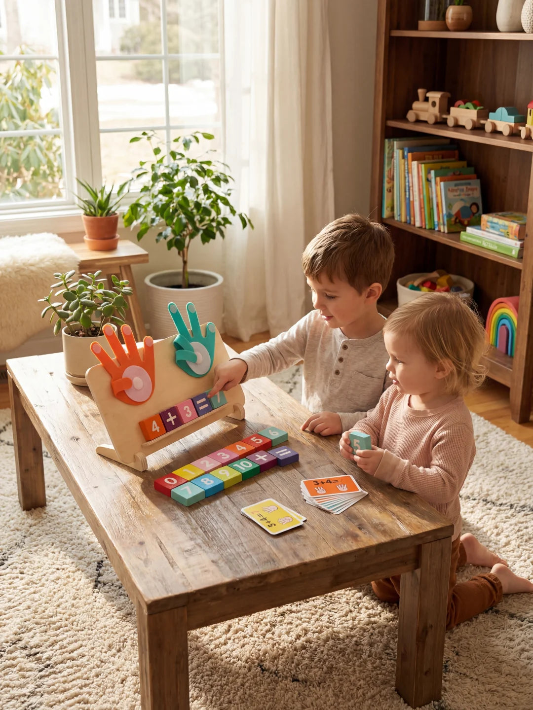 Deux jeunes enfants apprenant les additions avec le jouet éducatif en bois sur une table basse.