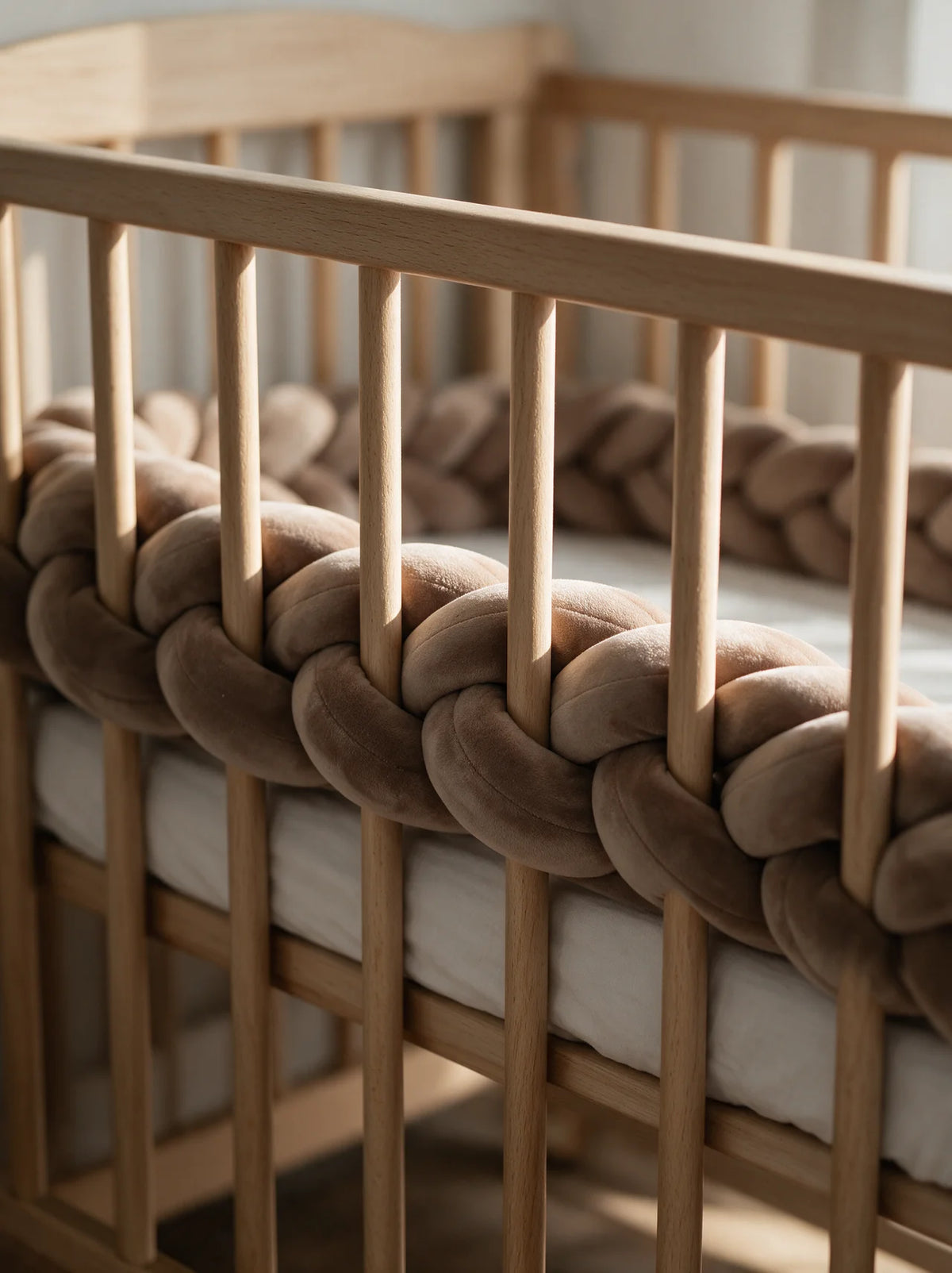 Détail d'une tresse de lit 3 brins marron fixée sur les barreaux d'un lit bébé