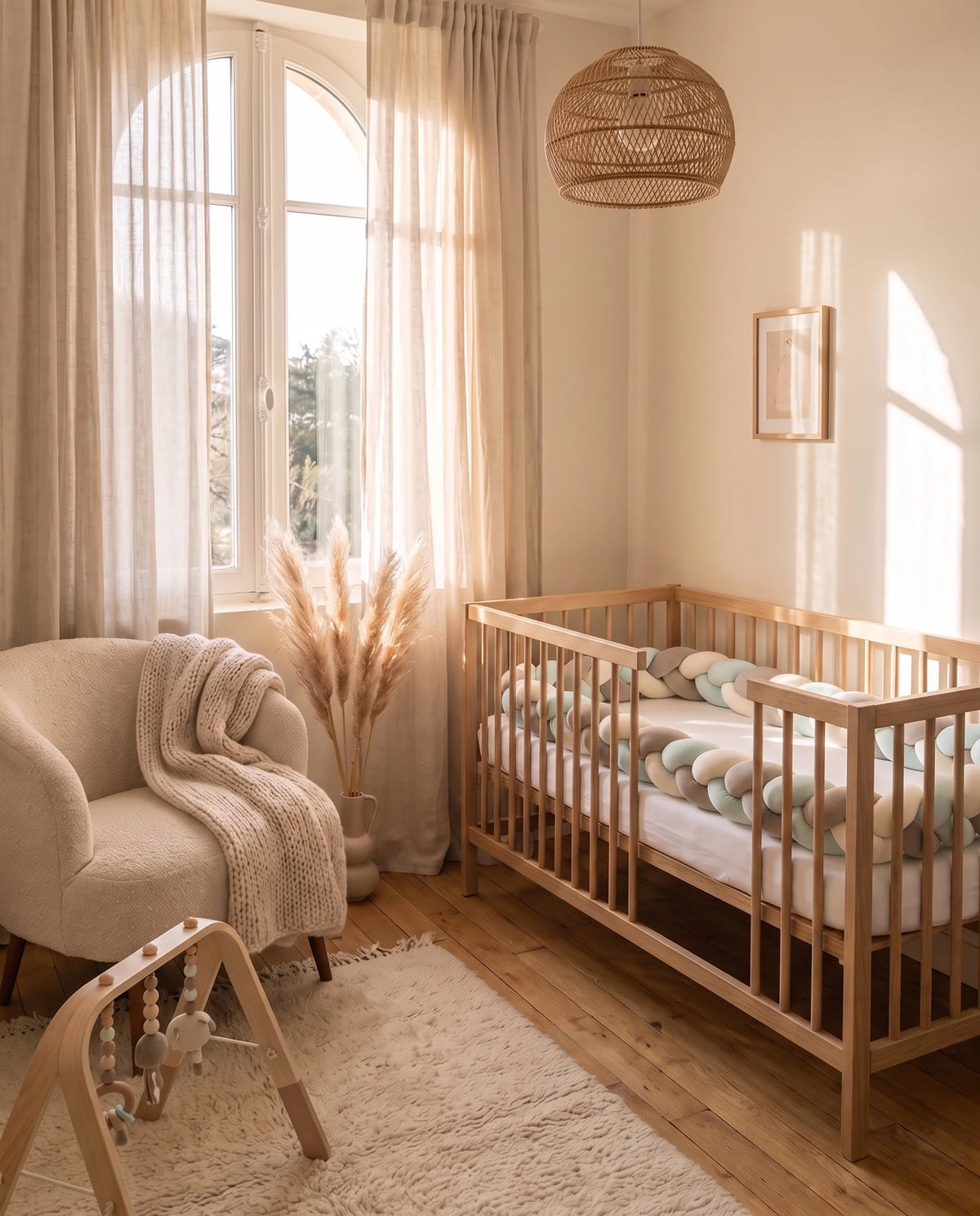 Chambre bébé premium en bois clair baignée de lumière, tour de lit tressé écru, taupe et bleu ciel dans le berceau.