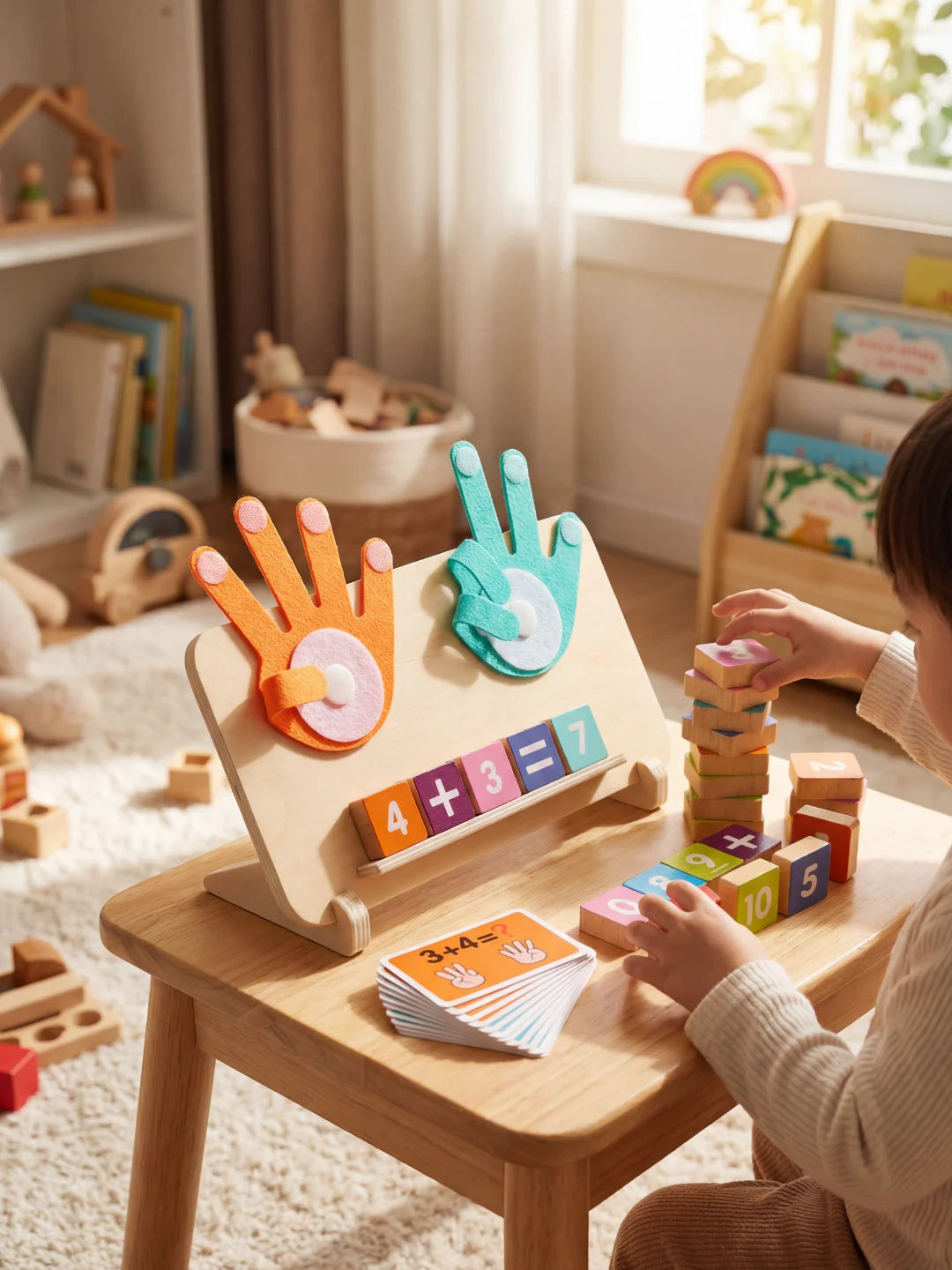 Enfant empilant des blocs de chiffres en bois à côté du plateau d'addition Montessori.