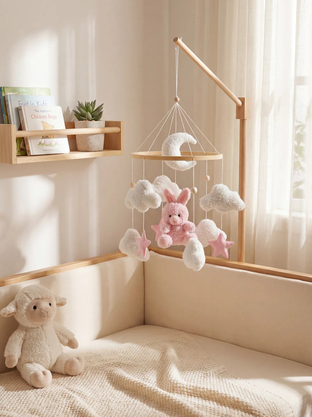 Mobile décoratif rose pour chambre de fille installé au-dessus d'un lit avec support en bois.