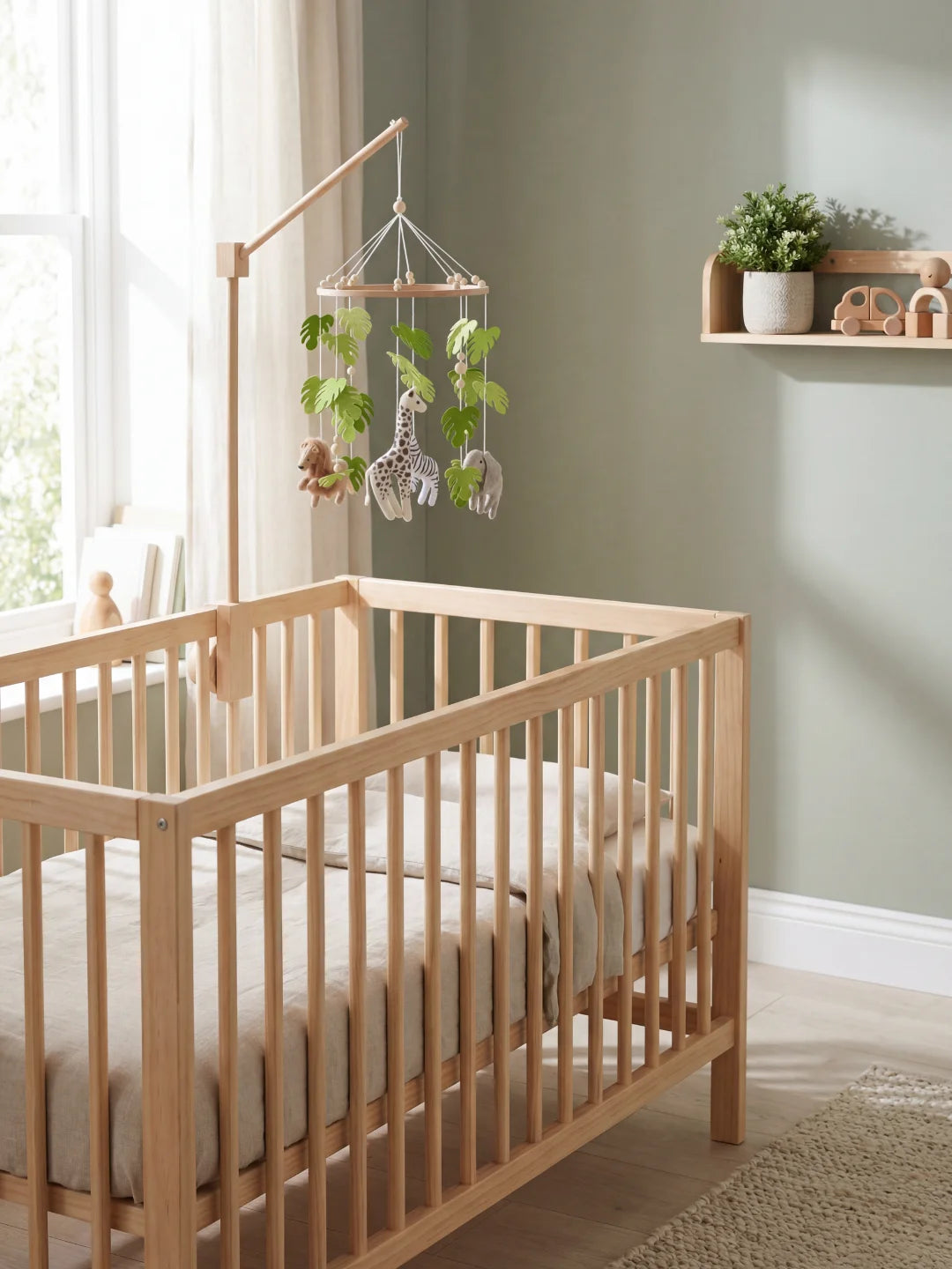 Mobile bébé en bois avec suspensions feuilles de monstera vertes et animaux sauvages.