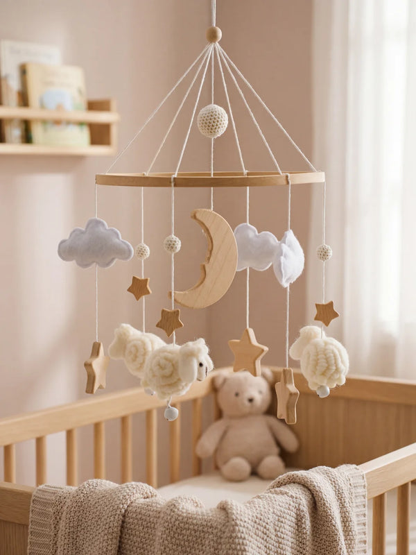 Mobile en bois, Moutons Blancs, mobile en bois et tissu à suspendre au dessus du lit
