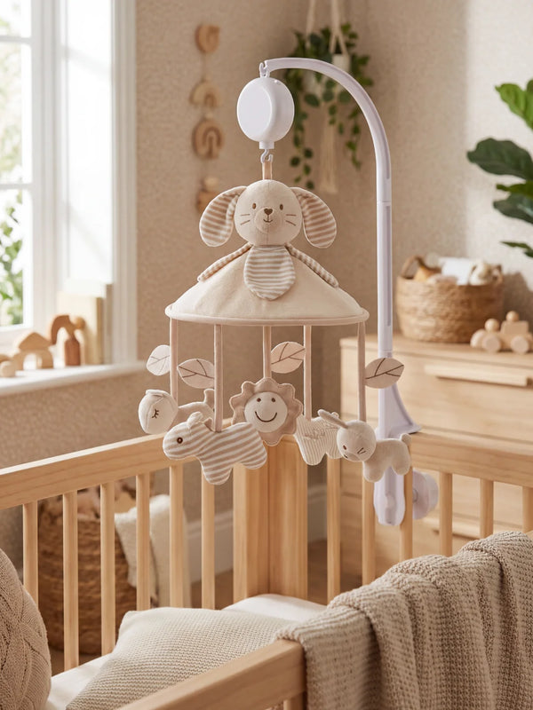 Mobile musical, Lapins, mobile en bois et tissu à suspendre au dessus du lit