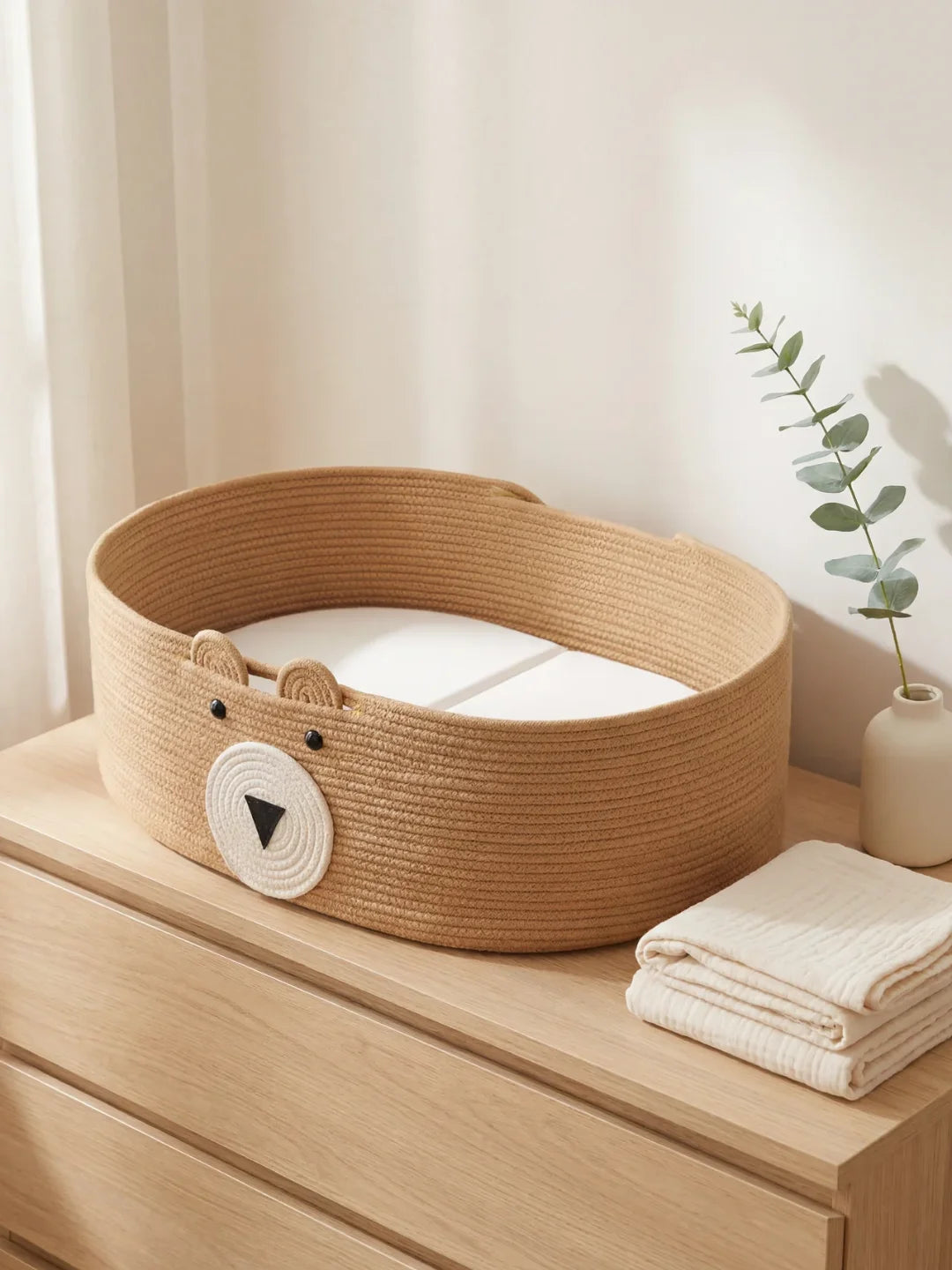 Panier à langer ourson kaki en corde de coton avec matelas amovible et couverture
