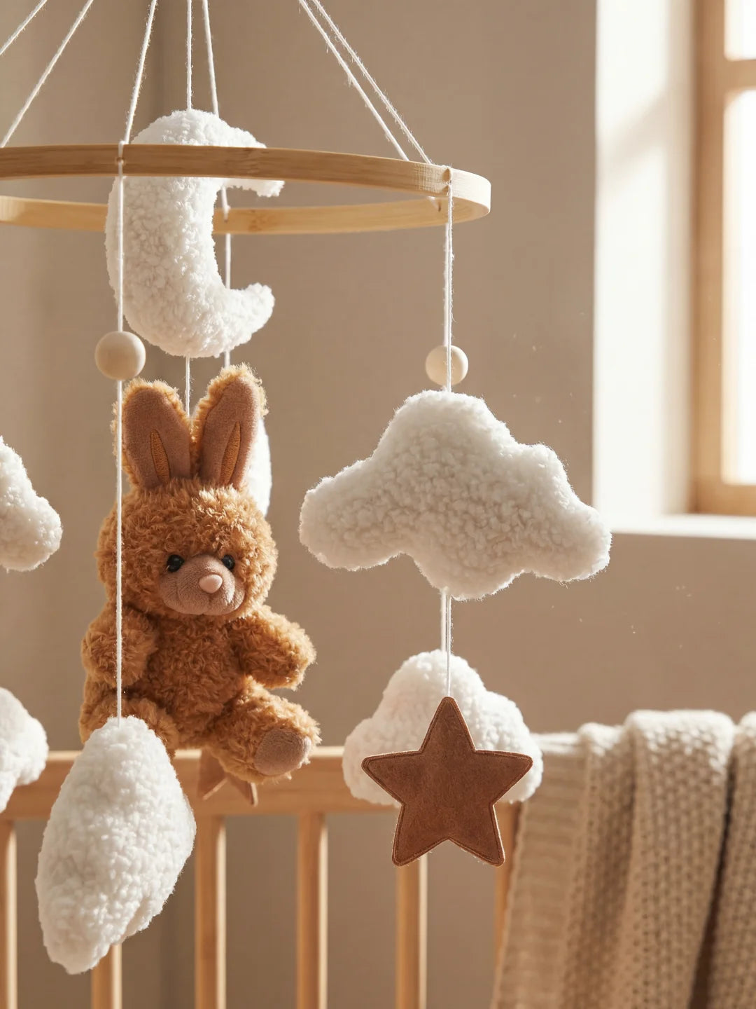 Gros plan sur une étoile en feutrine marron et un lapin en peluche d'un mobile pour nourrisson.