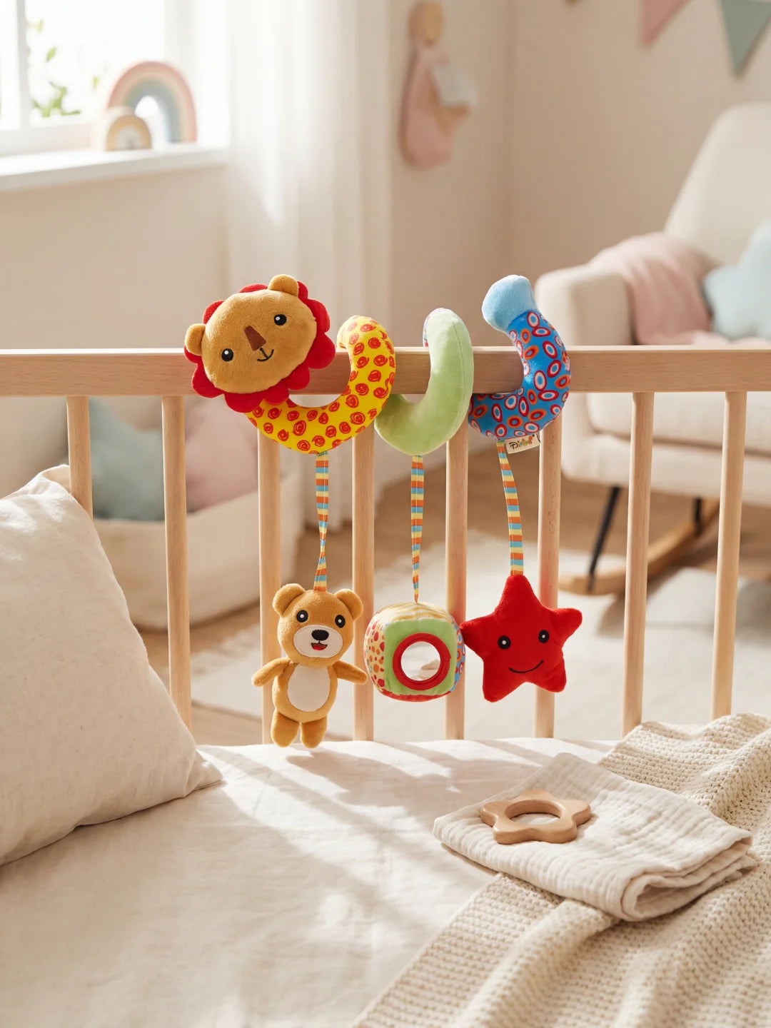 Jouet de poussette lion multicolore fixé sur un lit à barreaux dans une chambre d'enfant.