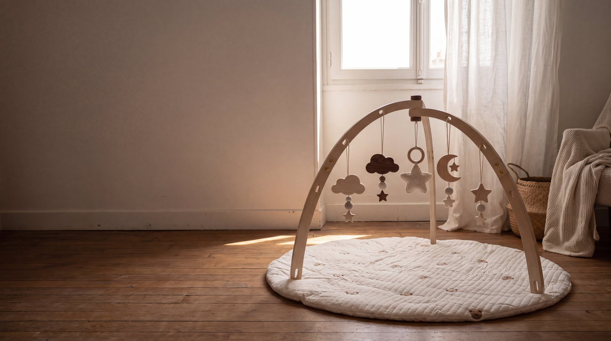 Arche d'éveil en bois en dôme posée sur un tapis d'éveil rond, dans une chambre d'enfant baignée de lumière