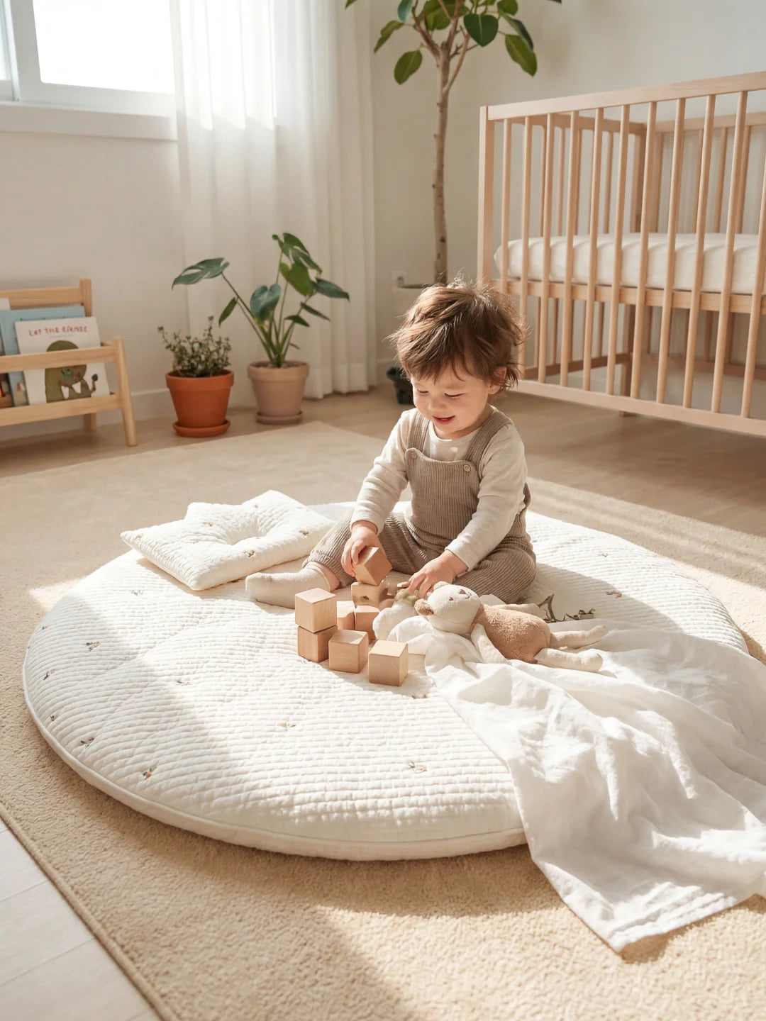 Chambre de bébé style Montessori avec tapis d'éveil rond, cubes d'éveil en bois et lit à barreaux clair.