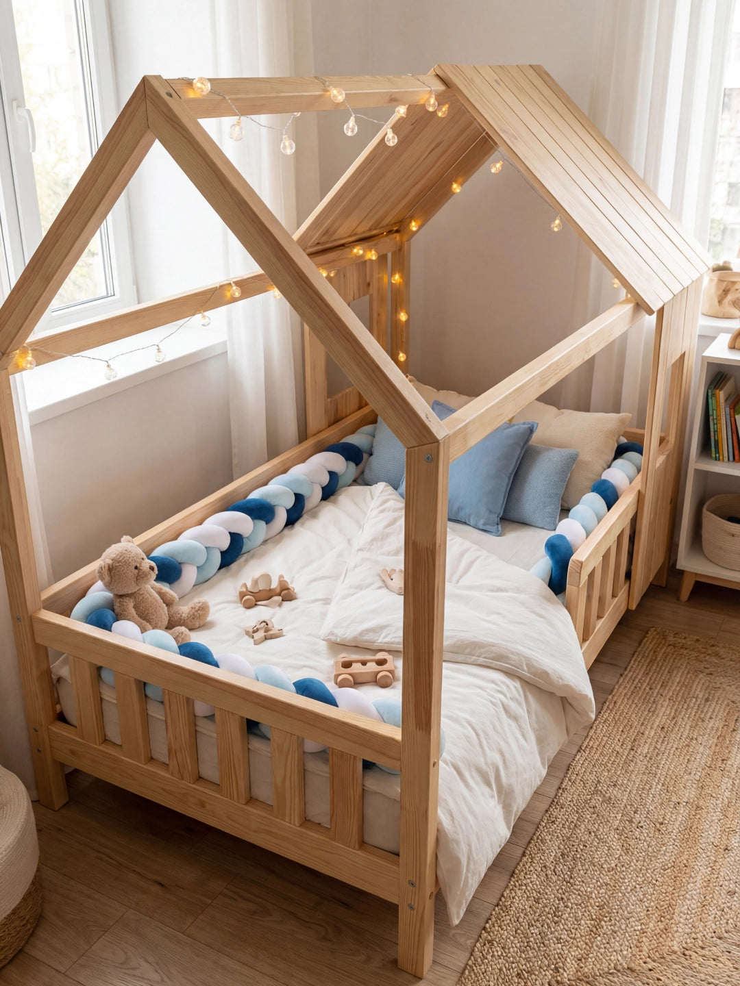 Vue d'ensemble d'un lit Montessori style cabane avec une protection tressée bleue marine et des jouets en bois au sol.