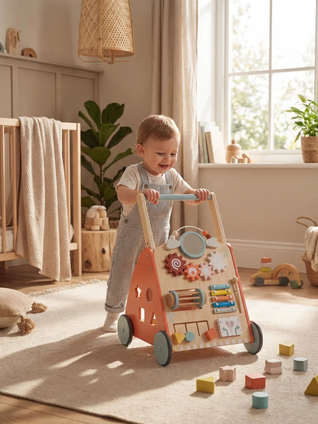 Bébé utilisant le pousseur en bois Le P'tit Aventurier dans une chambre d'enfant.