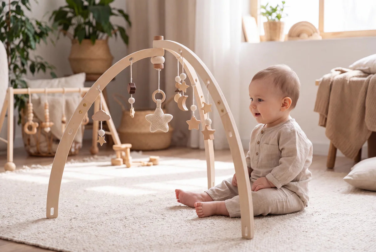 Bébé assis à côté de l'arche d'éveil en bois en dôme, qui continue de servir après les premiers mois