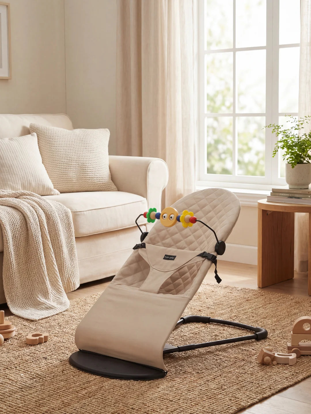 Transat pour bébé couleur sable avec son arche de jeux rotative posé sur un tapis en jute.