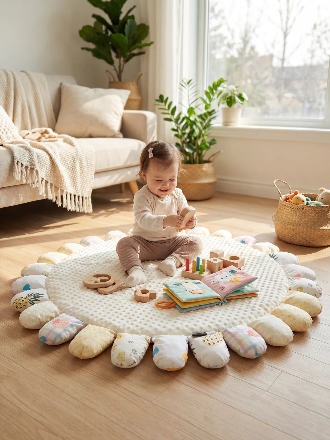 Bébé assis sur un tapis blanc explorant un livre en tissu à côté de jouets en bois.