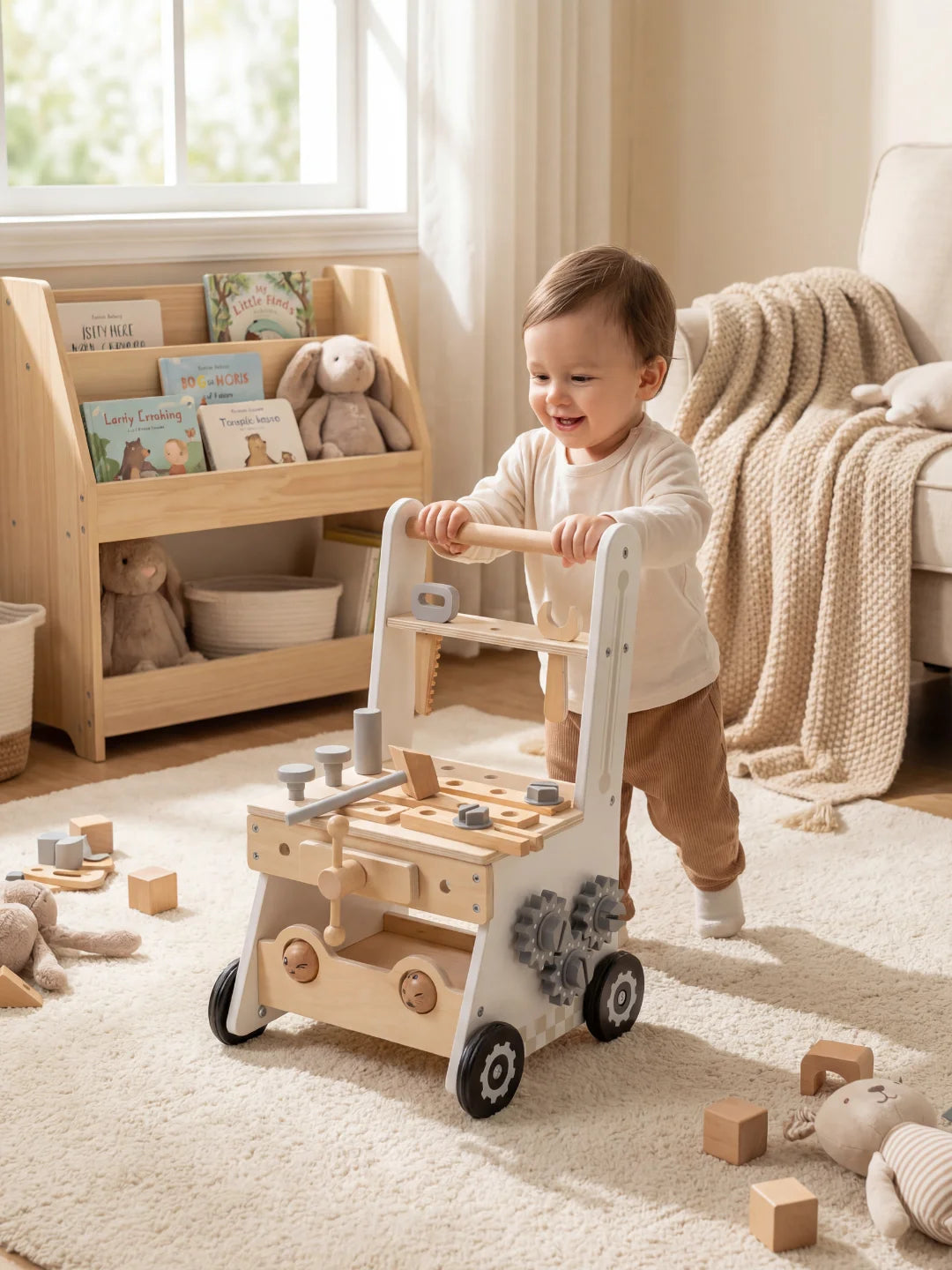 Bébé souriant utilisant le chariot de marche établi Le P'tit Bricoleur pour ses premiers pas.