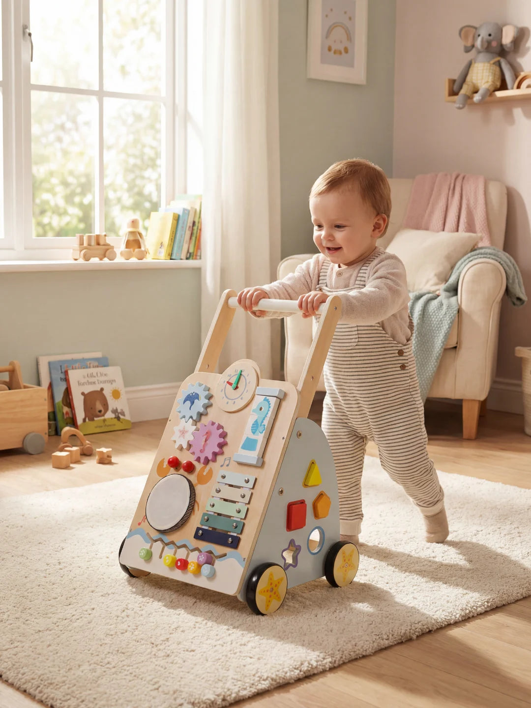 Bébé souriant poussant son chariot de marche en bois Le P'tit Marin pour ses premiers pas.