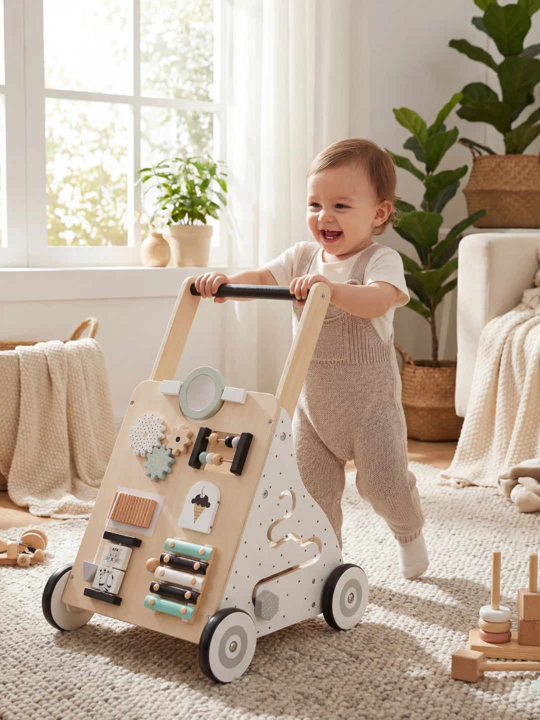 Enfant souriant faisant ses premiers pas avec le chariot de marche stable Le P'tit Gourmet.