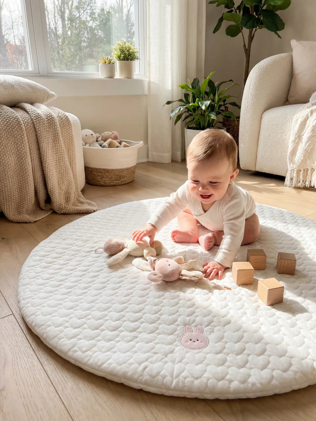Enfant assis sur un tapis d'activité blanc explorant des peluches douces dans un salon baigné de lumière.