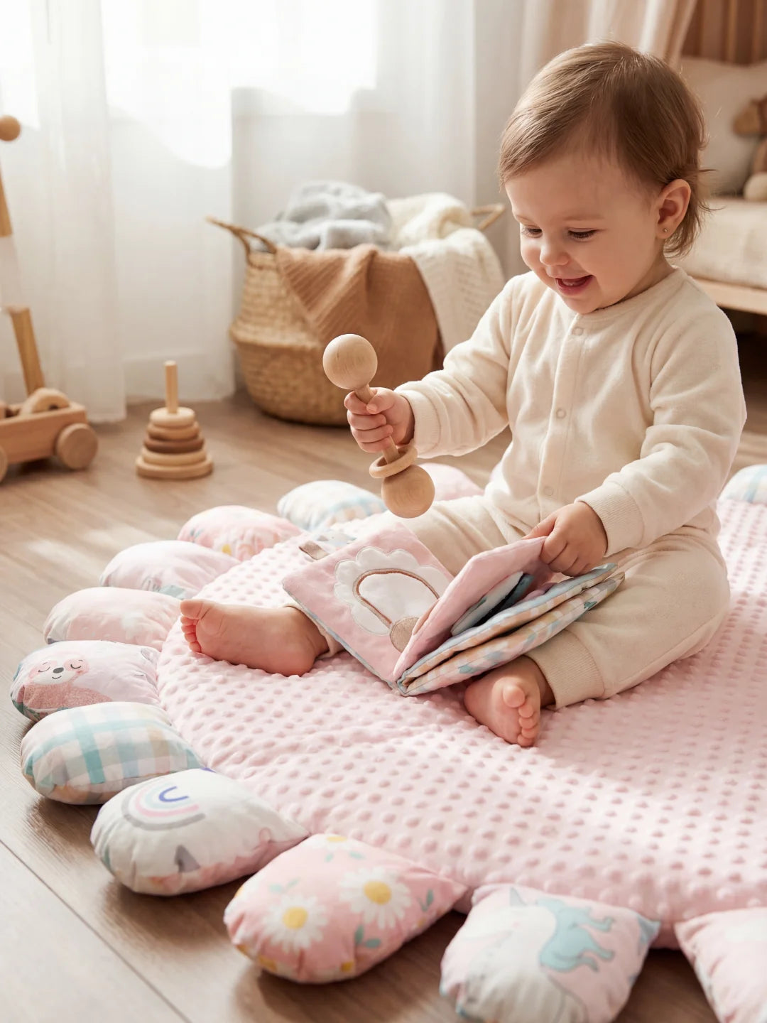 Enfant assis sur un tapis sensoriel minky rose explorant un livre d'éveil en tissu et un hochet en bois.