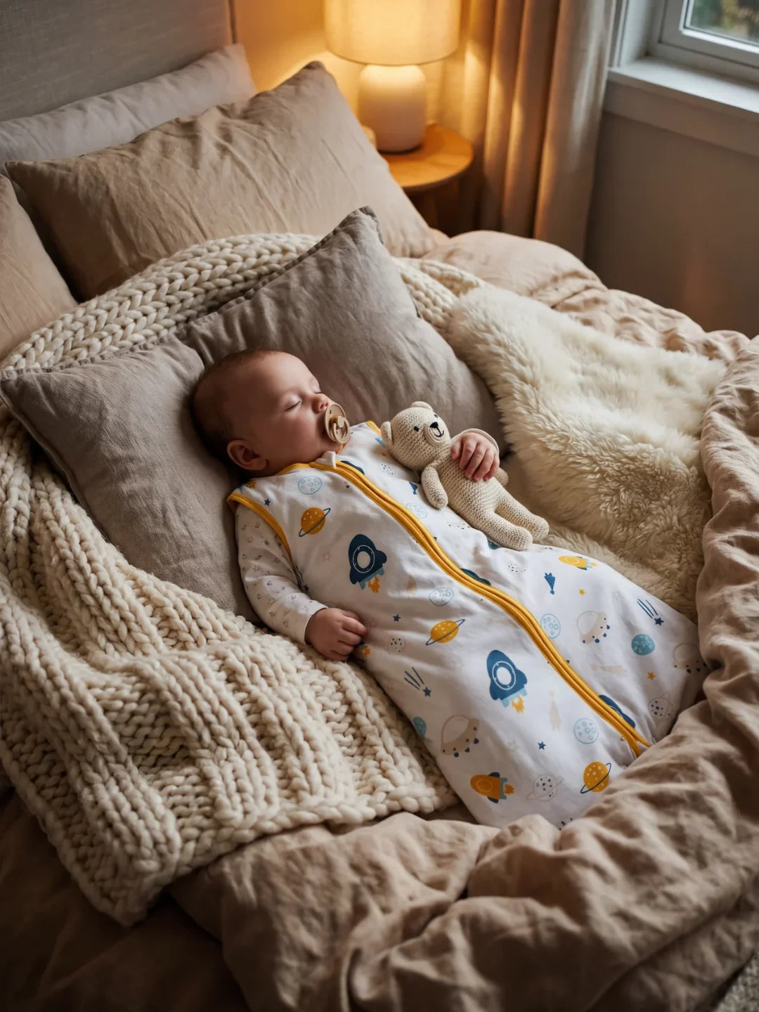 Bébé endormi avec tétine dans sa gigoteuse motif espace fusées sur lit cosy