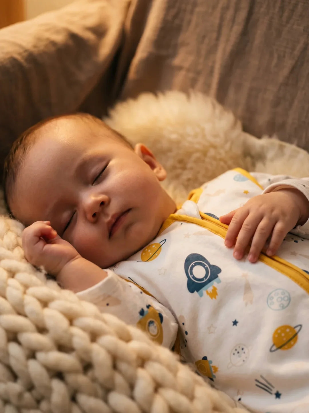 Gros plan de bébé endormi souriant dans sa gigoteuse motif espace et fusées