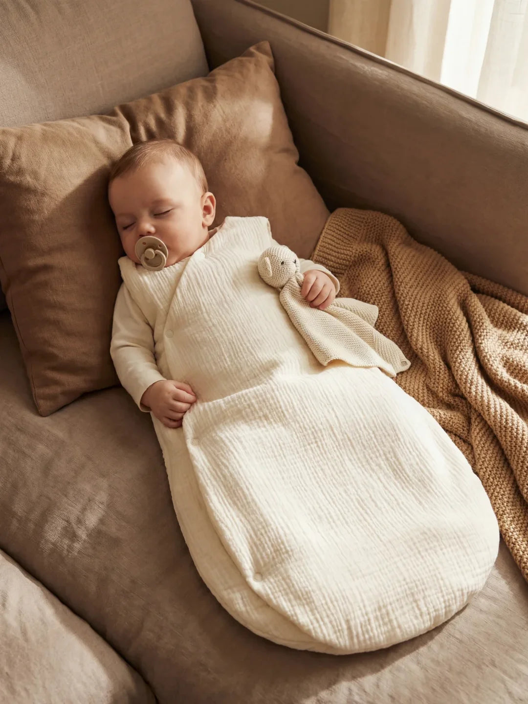 Bébé endormi dans sa gigoteuse gaze de coton écru avec doudou et tétine