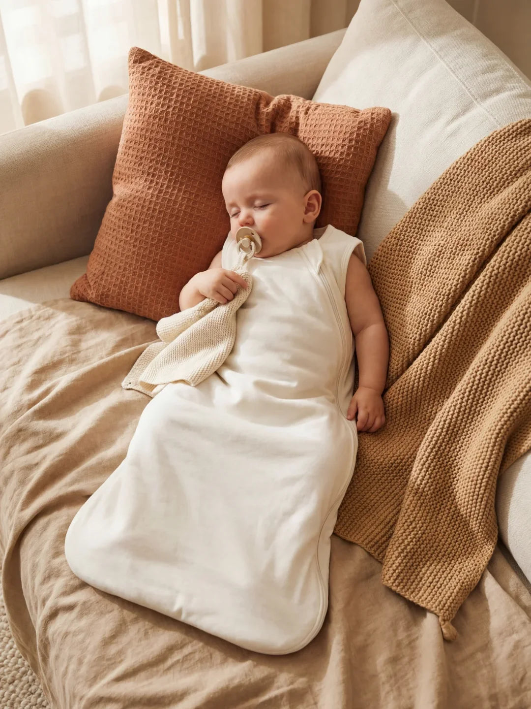 Bébé endormi dans sa gigoteuse jersey blanc écru avec doudou et tétine