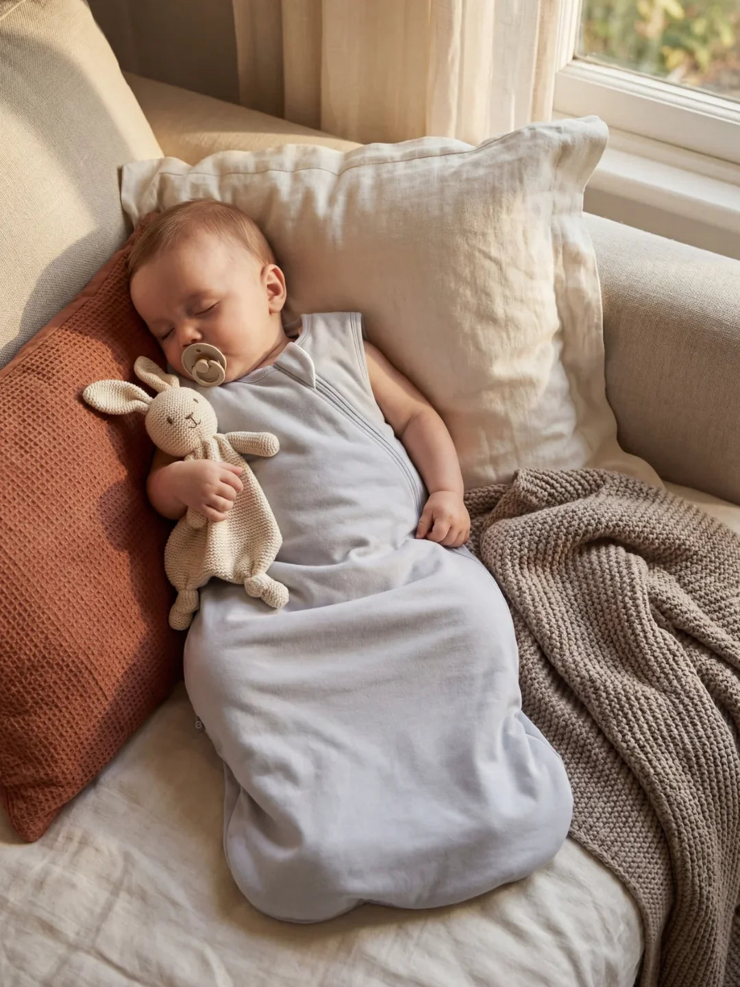 Bébé endormi dans sa gigoteuse jersey gris clair avec doudou lapin sur canapé