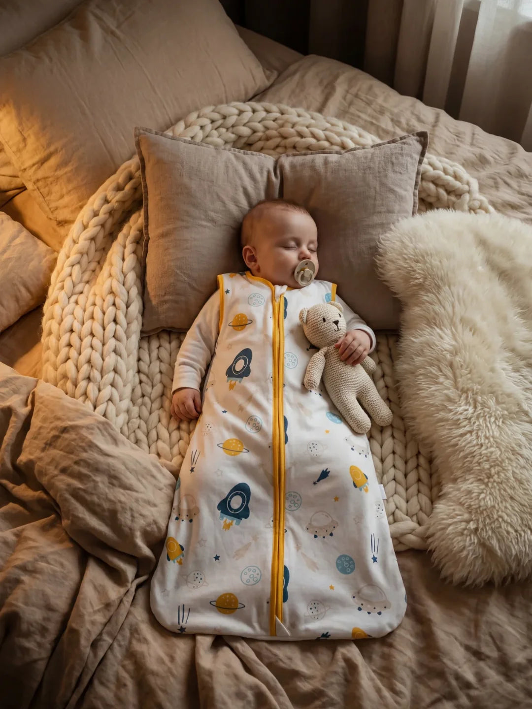 Bébé endormi dans sa gigoteuse motif espace fusées et planètes avec doudou ours
