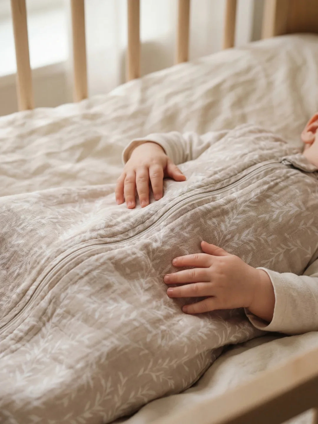 Bébé endormi dans sa gigoteuse mousseline beige à motif feuillage dans son lit