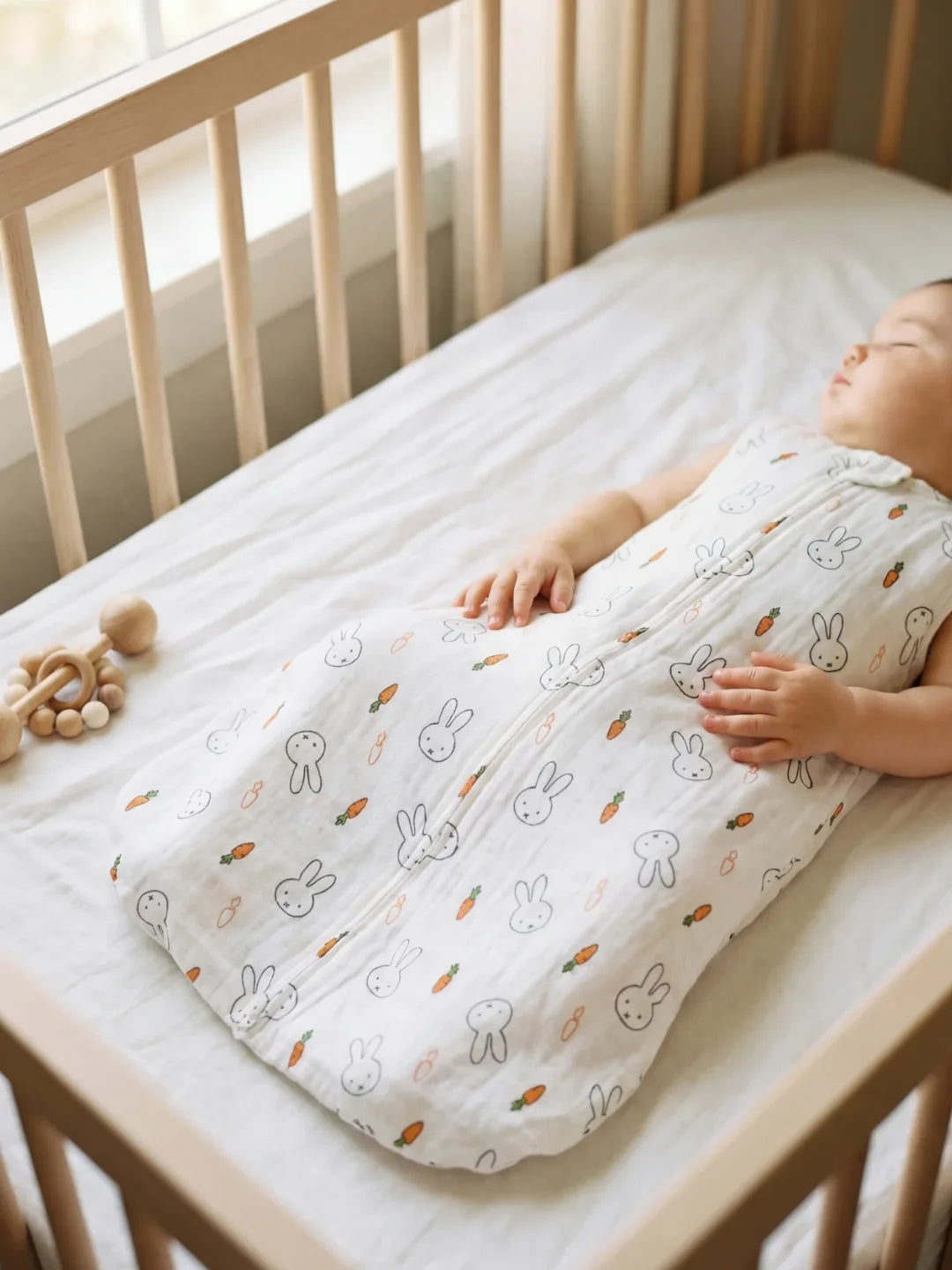 Bébé endormi dans sa gigoteuse mousseline blanche motif lapins et carottes