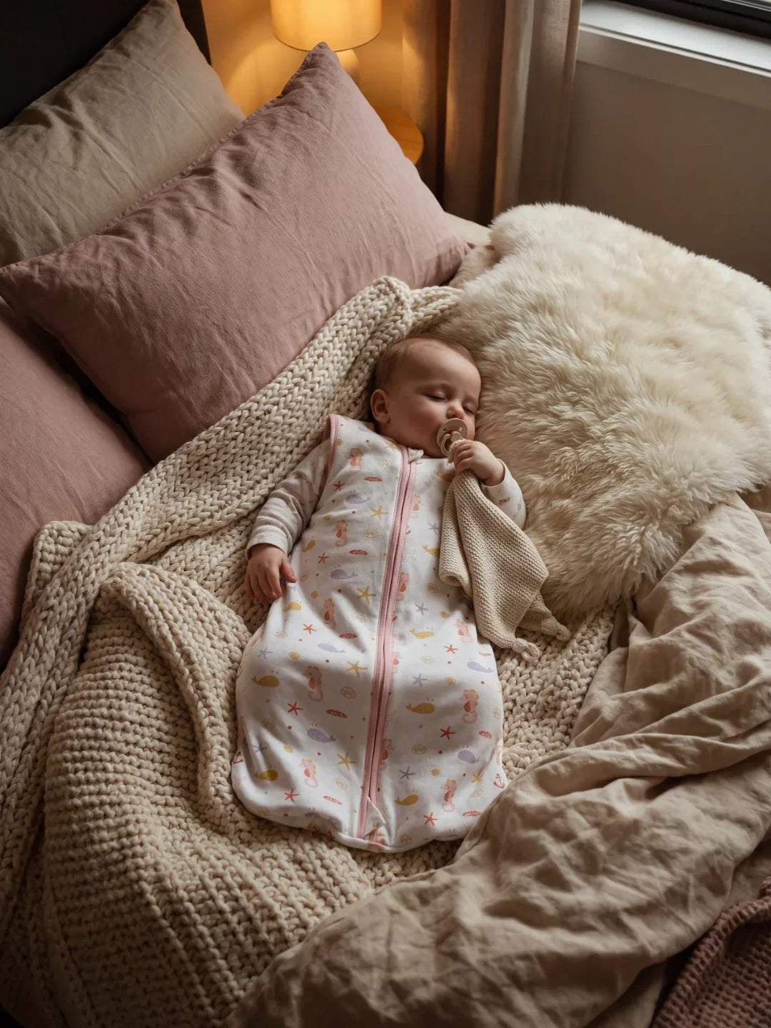 Bébé endormi dans sa gigoteuse motif océan hippocampes avec doudou et tétine