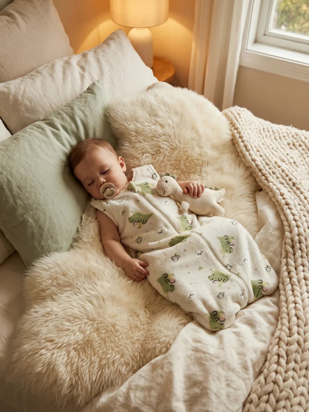 Bébé endormi dans sa gigoteuse polaire blanche motif dinosaures avec doudou et tétine