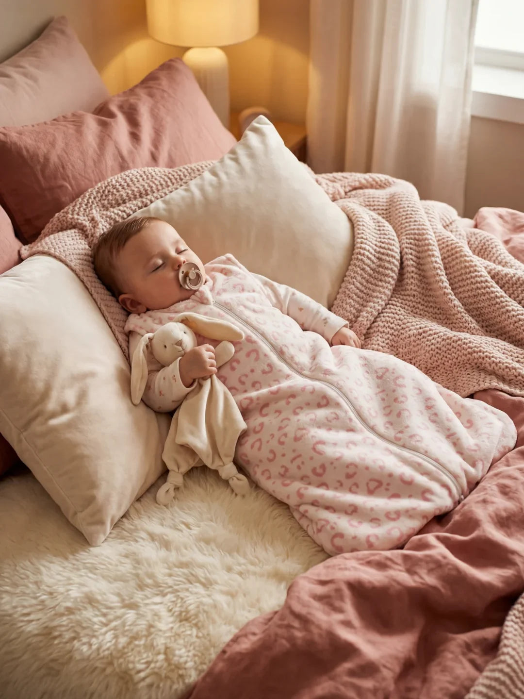 Bébé endormi dans sa gigoteuse polaire rose léopard avec doudou lapin et tétine