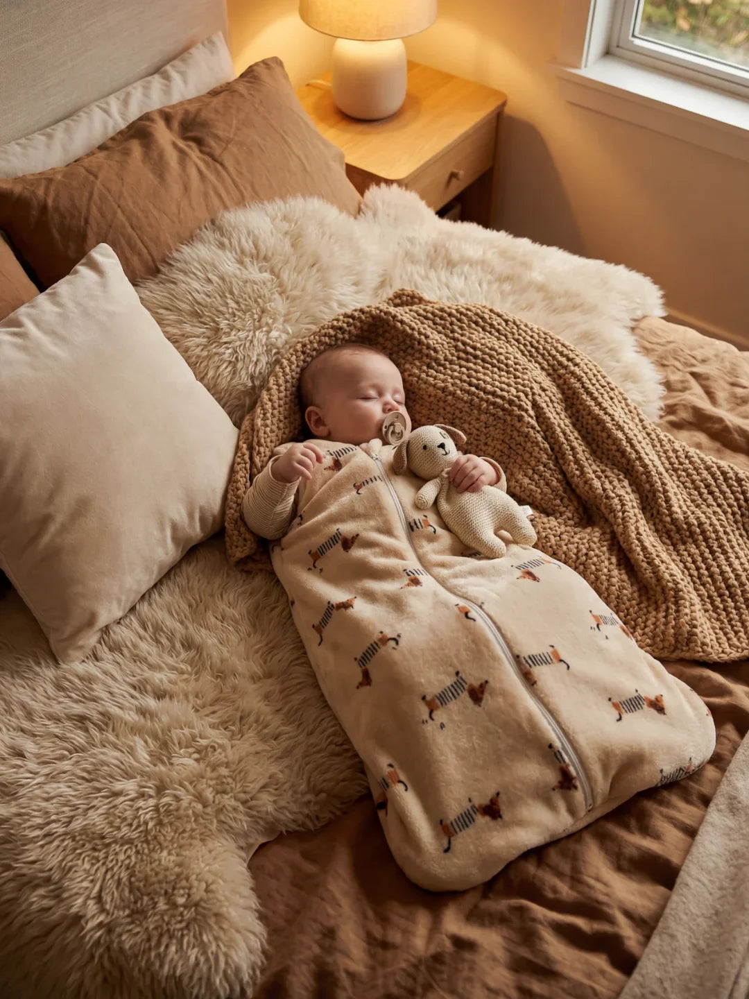 Bébé endormi dans sa gigoteuse polaire beige motif teckels avec doudou et tétine