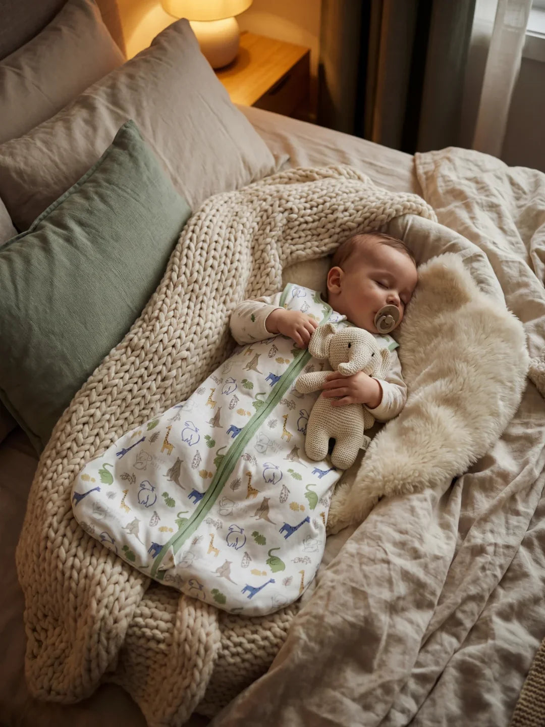 Bébé endormi dans sa gigoteuse motif safari animaux avec doudou éléphant et tétine