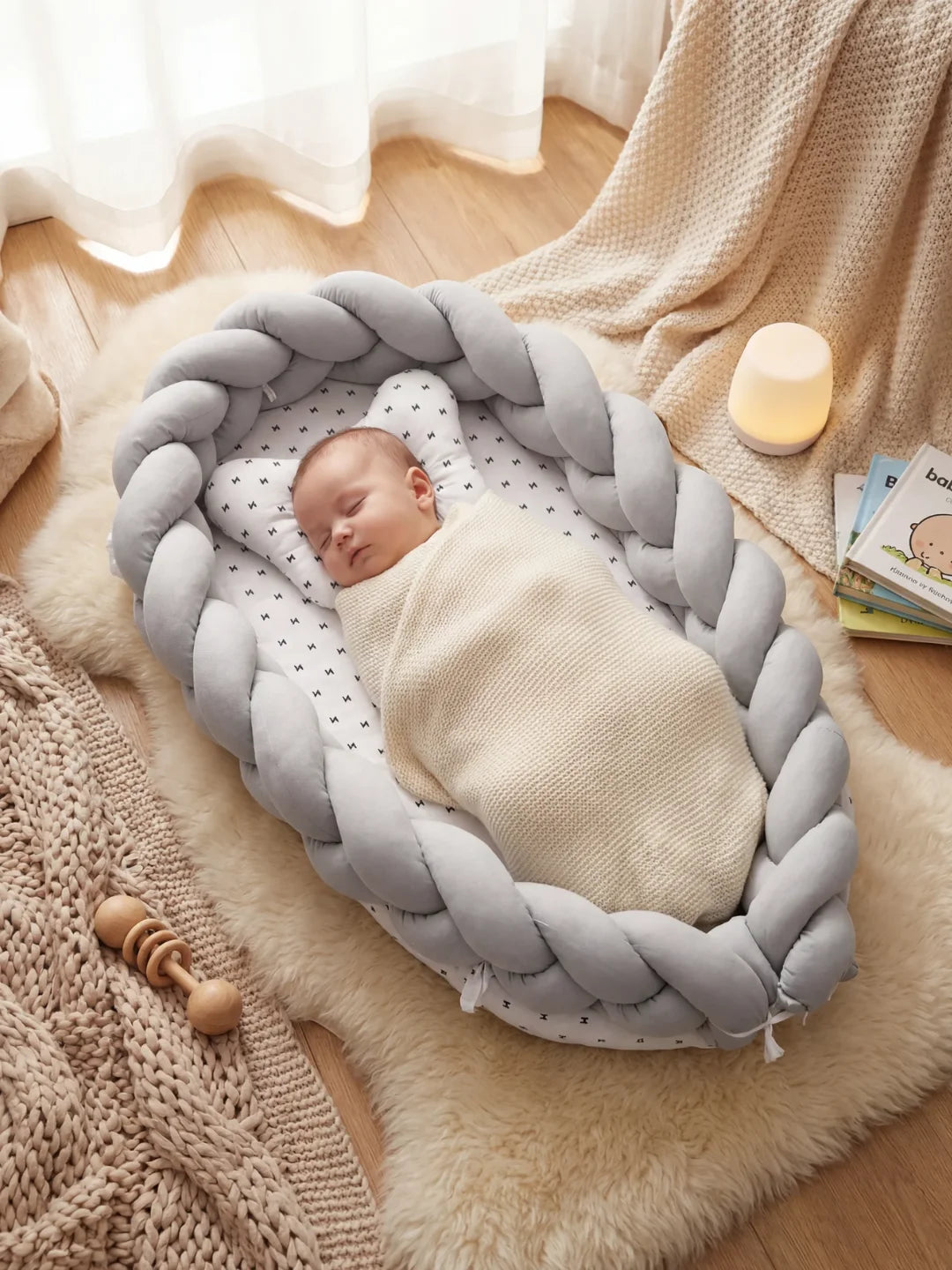 Bébé endormi dans un réducteur de lit tressé gris avec couverture tricotée