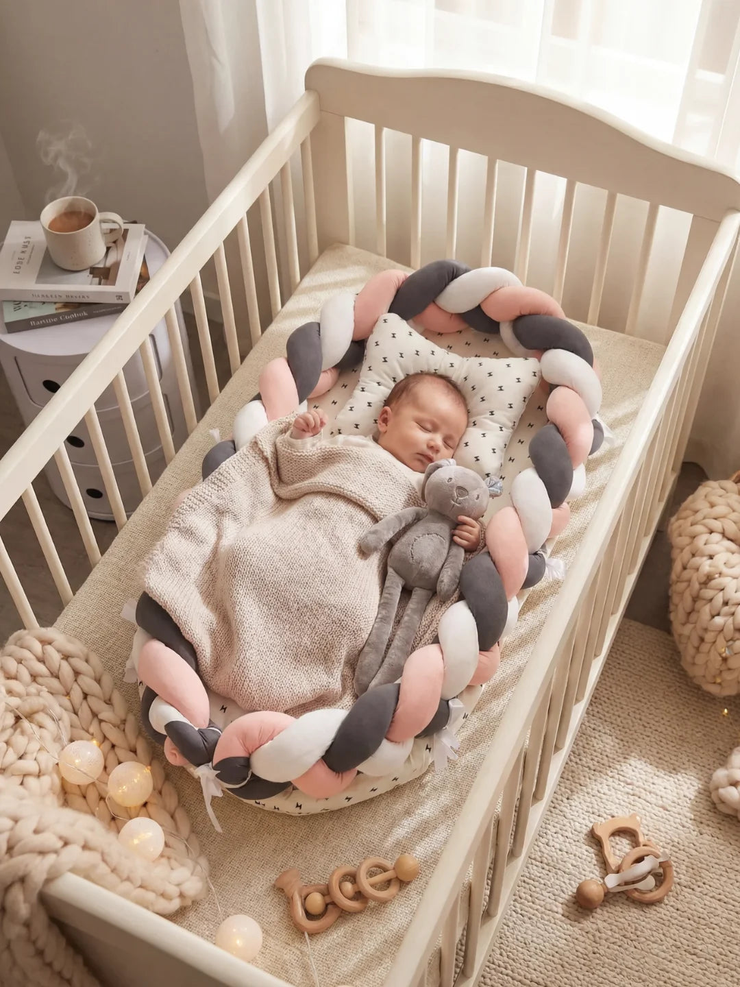 Bébé endormi dans un réducteur de lit tressé rose anthracite et blanc dans berceau