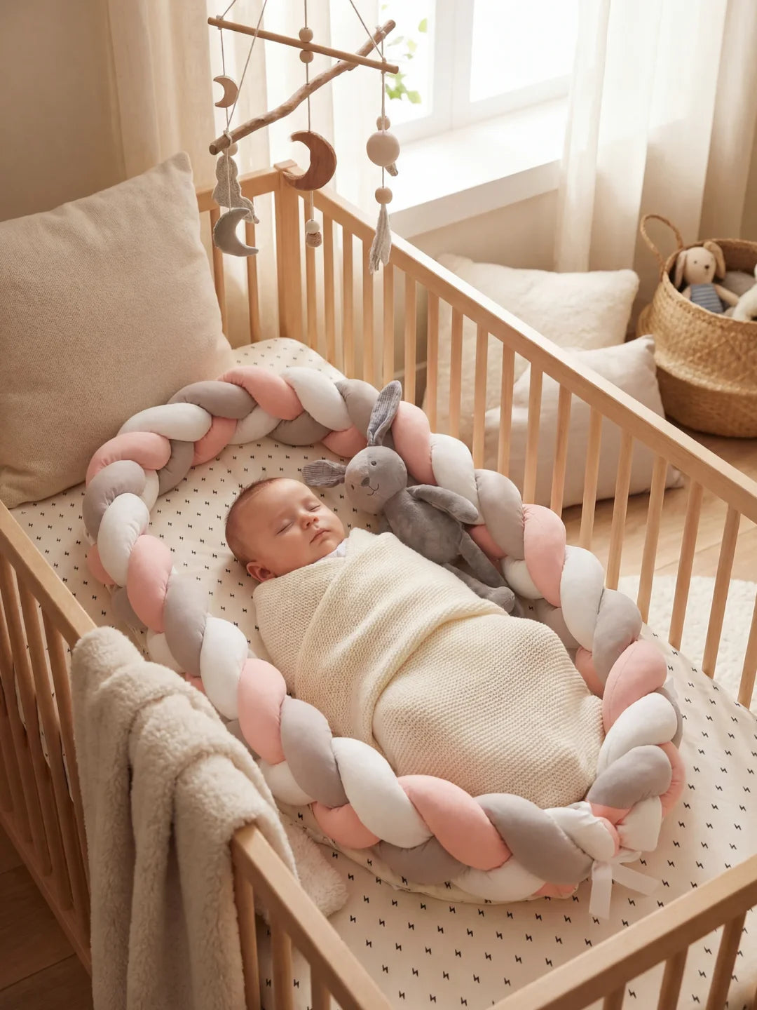 Bébé endormi dans un réducteur de lit tressé rose gris et blanc dans berceau
