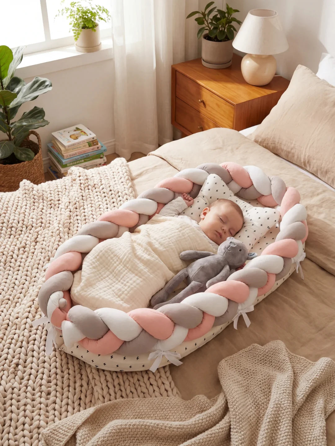 Bébé qui dort dans un réducteur de lit tressé rose gris et blanc sur lit