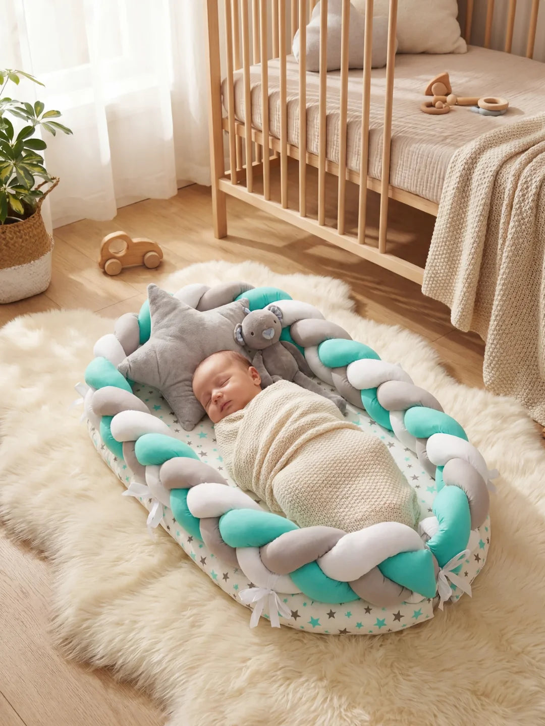 Bébé endormi dans un réducteur de lit tressé vert menthe gris et blanc