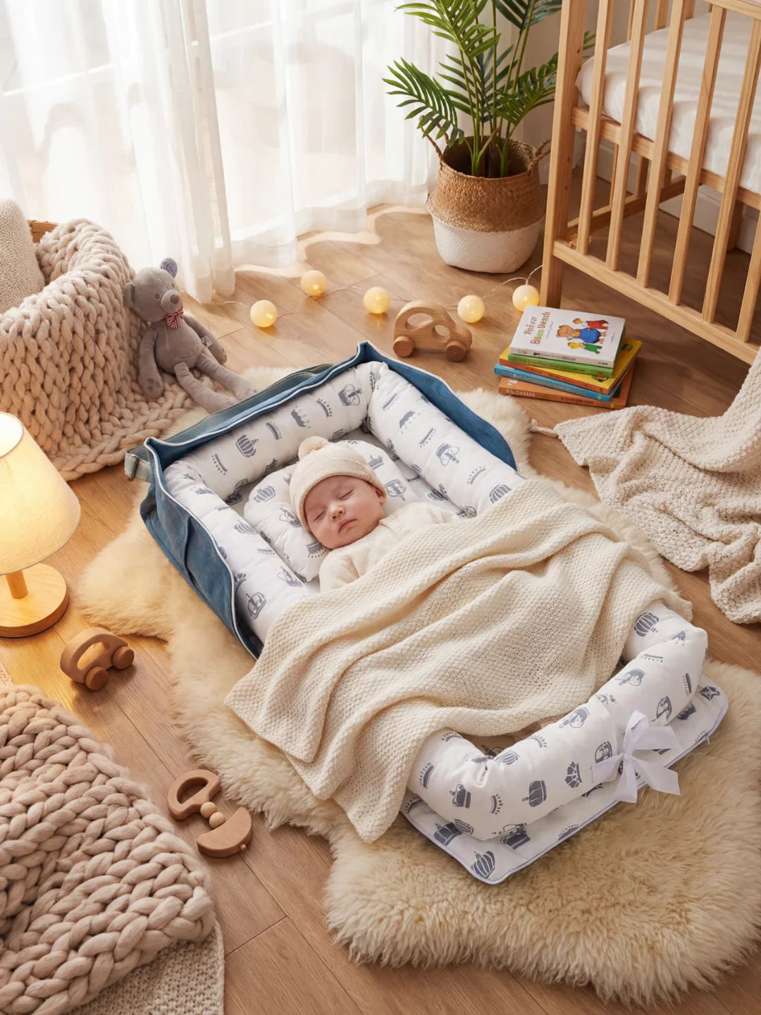 Réducteur de lit bébé bleu avec coussin anti tête plate et peluche ourson