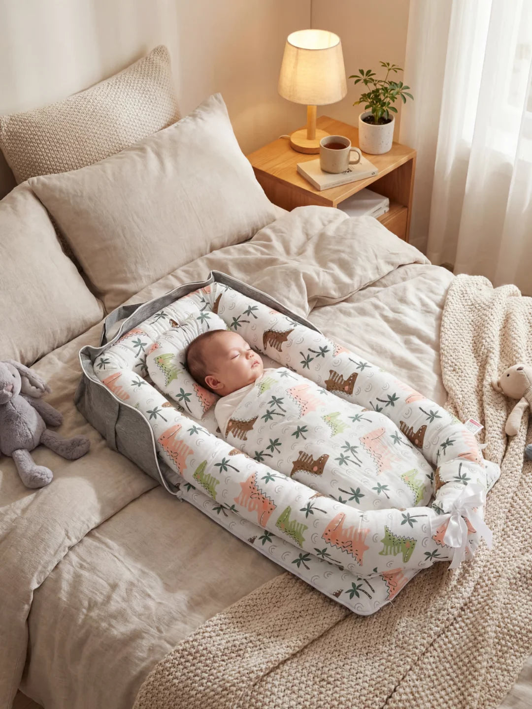 Bébé endormi dans un réducteur de lit motif dinosaures et palmiers dans une chambre cosy