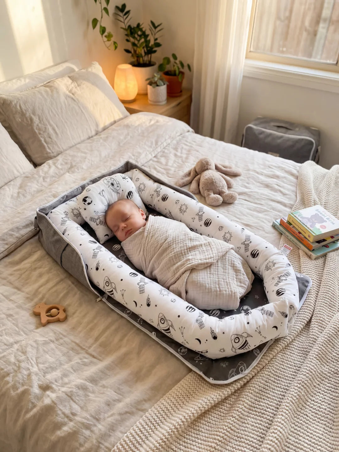 Bébé endormi dans un réducteur de lit motif espace fusées posé sur le lit des parents