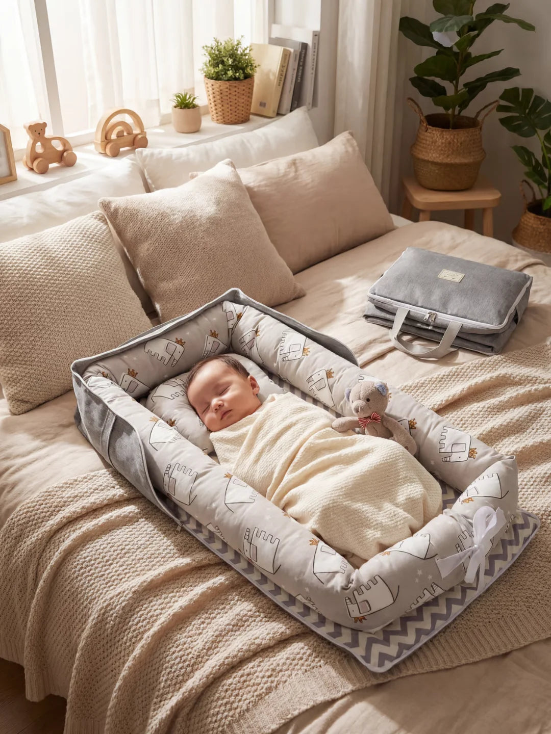 Bébé endormi dans un réducteur de lit gris motif éléphants avec sac de transport assorti