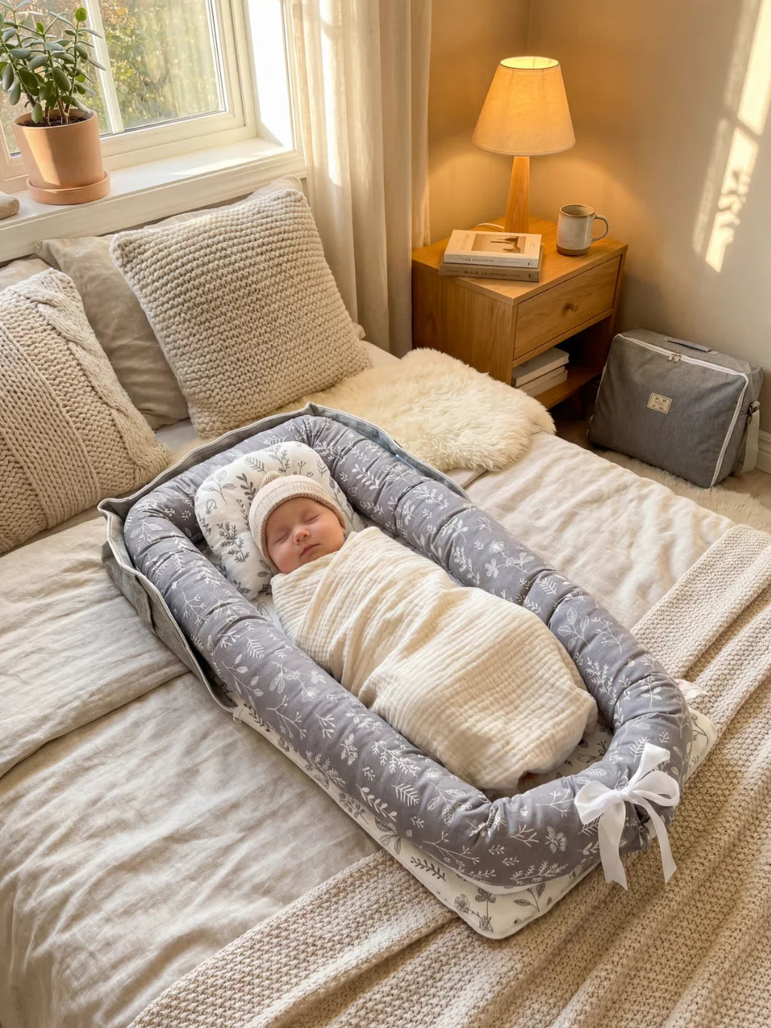 Bébé endormi dans un réducteur de lit gris motif feuillages avec sac de transport assorti