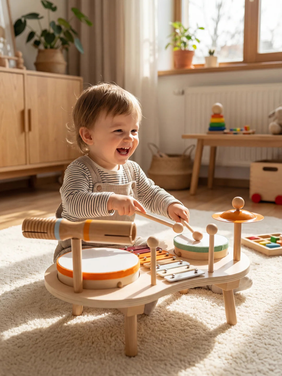 Bébé souriant utilisant les baguettes sur les tambours de la table musicale l'Orchestre des Petits.